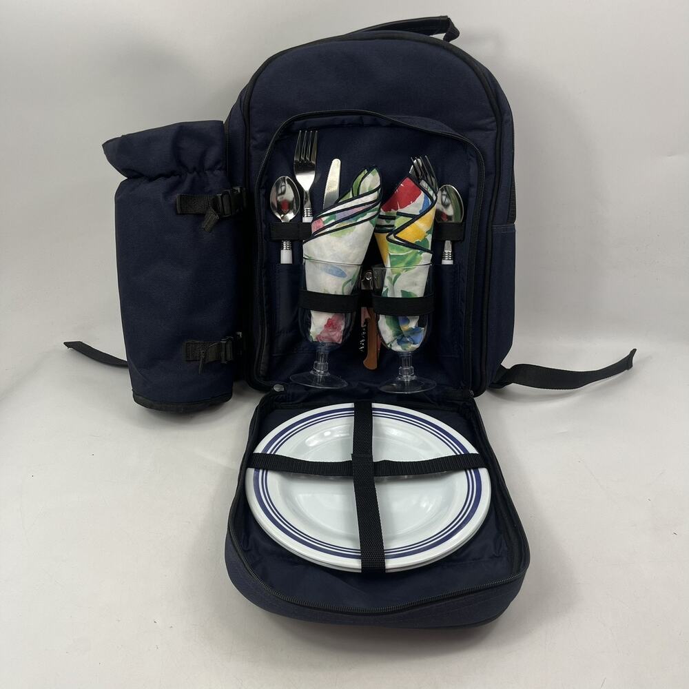 Trader Joe's Picnic Backpack Cooler Complete Set for 2 Insulated Navy Blue Rare